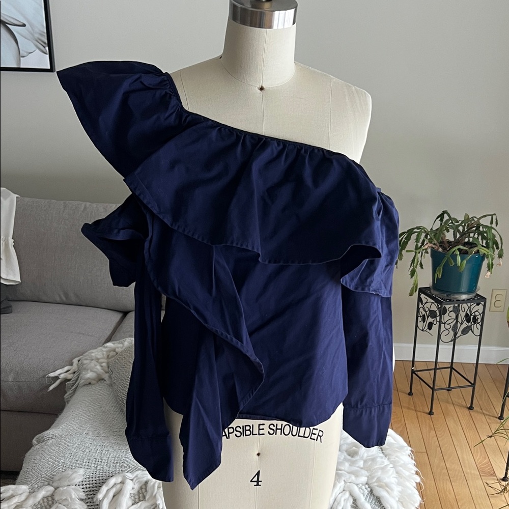 Leith Navy One-Shoulder Ruffle Top